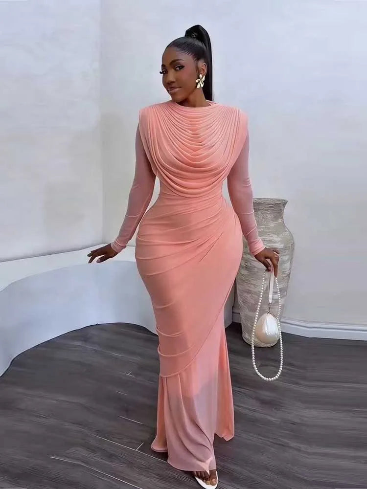 Chic and Elegant Women's Evening Dress Mesh Draped Collar Long Sleeve Bodycon