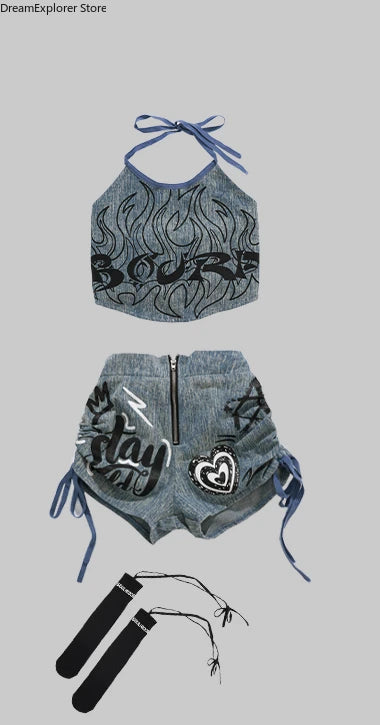 K-pop Girls' Denim Crop Top & Cargo Jeans Set