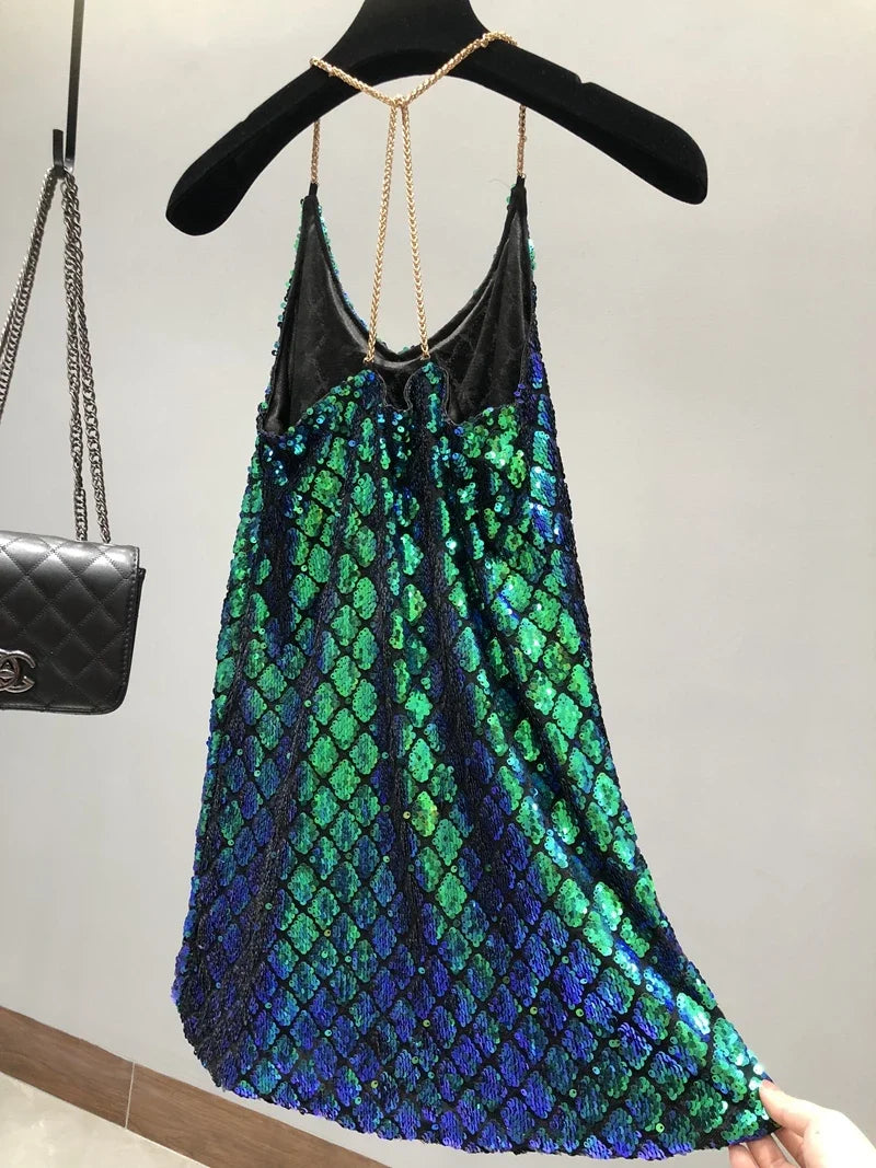 Sexy Dresses Party Night Club Dress 2024 Dress Summer Metal Hanging Neck Sequins Backless Holiday Skirt with Shoulder-straps