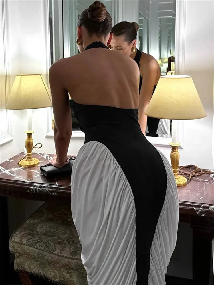 Tossy Pleated Contrast Backless Long Dress Women Sleeveless Patchwork High Waist Halter Sexy Party Dress Female Bodycon Dress
