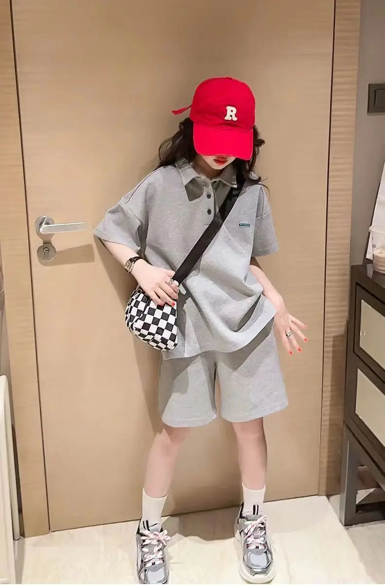 Girls Polo Collar Top & Sports Shorts Set