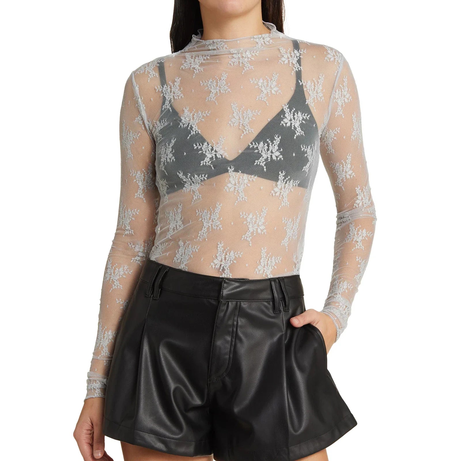 Sexy Sheer Mesh Long Sleeve Crop Top for Women Mock Neck Floral Lace Tshirt Fairy Coquette See Through Tees Blouse Cover-ups