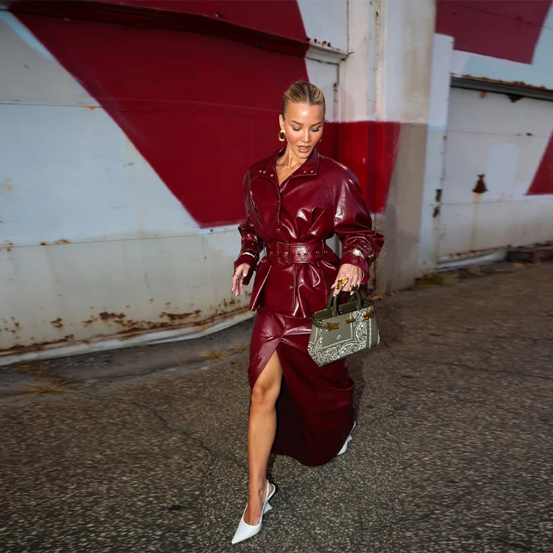 Women's Fashion Stand Collar Belt Long Red Leather Jacket