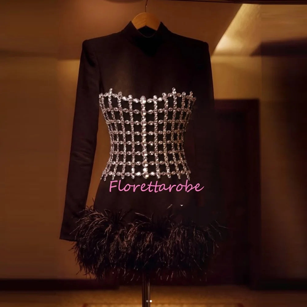 Customized Black Mini Evening Dress High Neck Long Sleeve