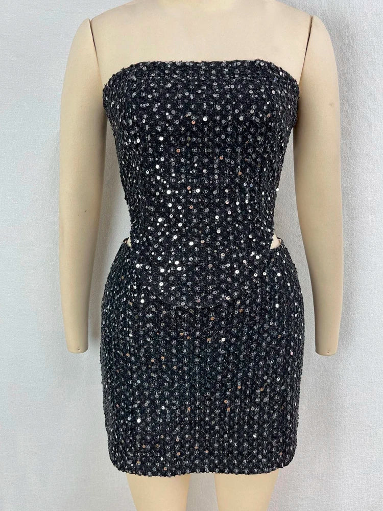 Sexy Sequins Women Denim Tweed Two Piece Dress Sets 2025 Summer Fashion Strapless Top and Bodycon Mini Skirt Female Club Outfits
