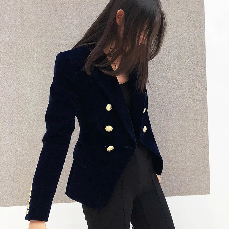 New Spring Fashion Women Midnight Navy Slim Velvet Blazer