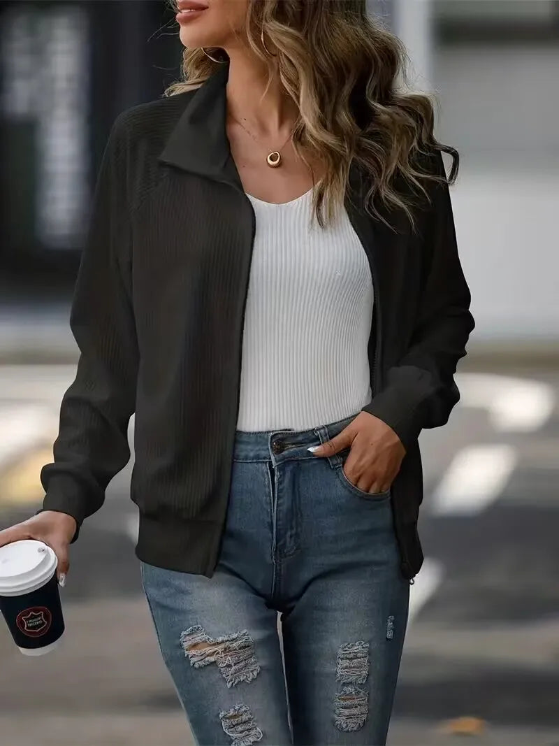 Women’s Lapel Loose Knit Zip-Up Jacket