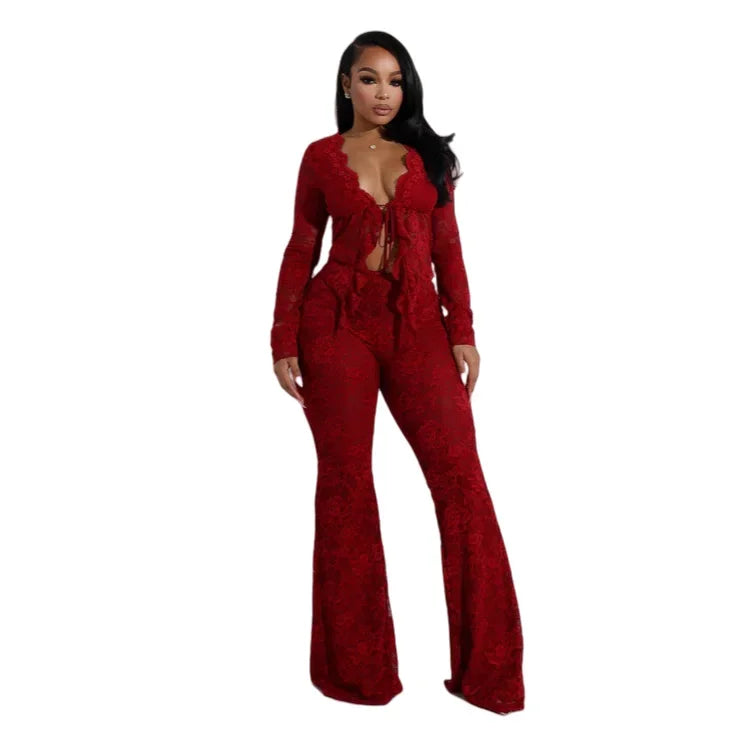 2025 Women's Set Long Sleeve Lace See Through Shirt + Long Pants Street Evening Sexy Two 2Piece Sets Outfits Tracksuit