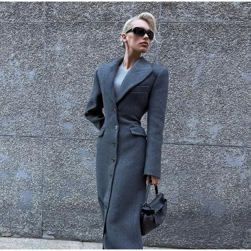 Solid Waist Cinching Woolen Blend Overcoat Women Fashion