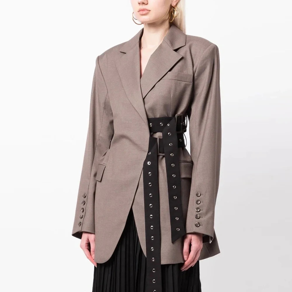 VGH Fashion Patchwork Belts Blazers For Women Notched Collar Long Sleeve Hit Color Casual Temperament Blazer Female Fashion New