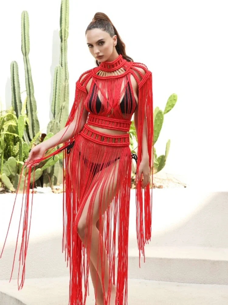 Leosoxs Tassel Hand Crochet Knitted Women Bikini Cover Ups Summer Holiday
