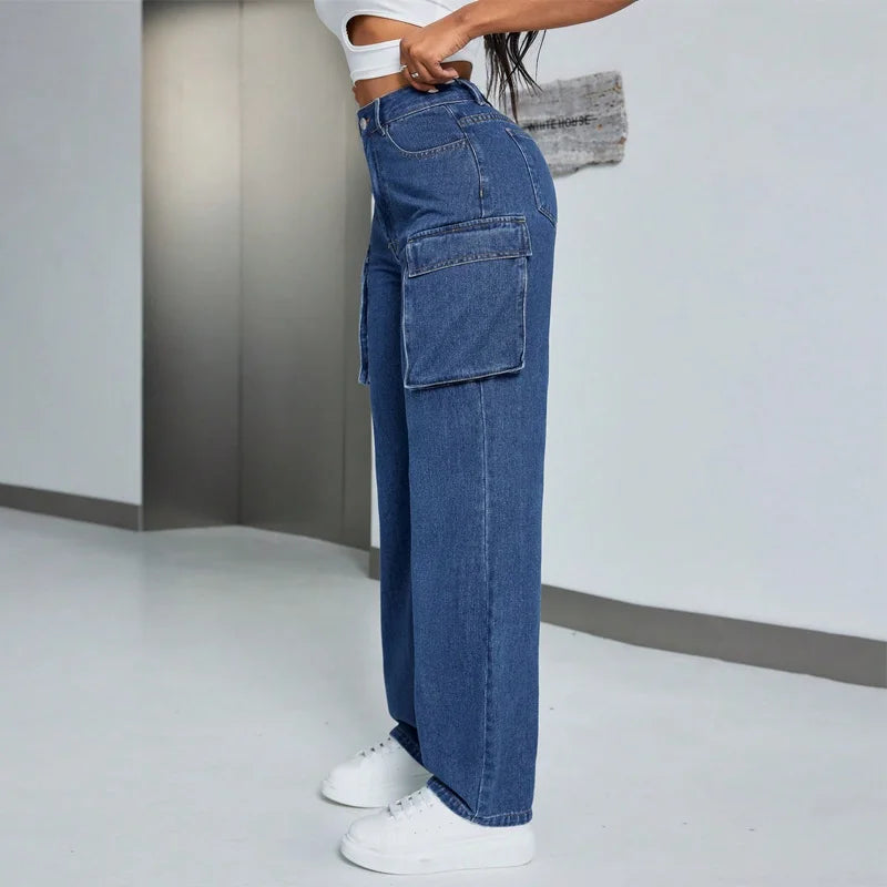 Benuynffy High Waist Multi-pocket Loose Cargo Jeans Women's Streetwear Casual Zipper Fly Washed Straight Leg Denim Pants