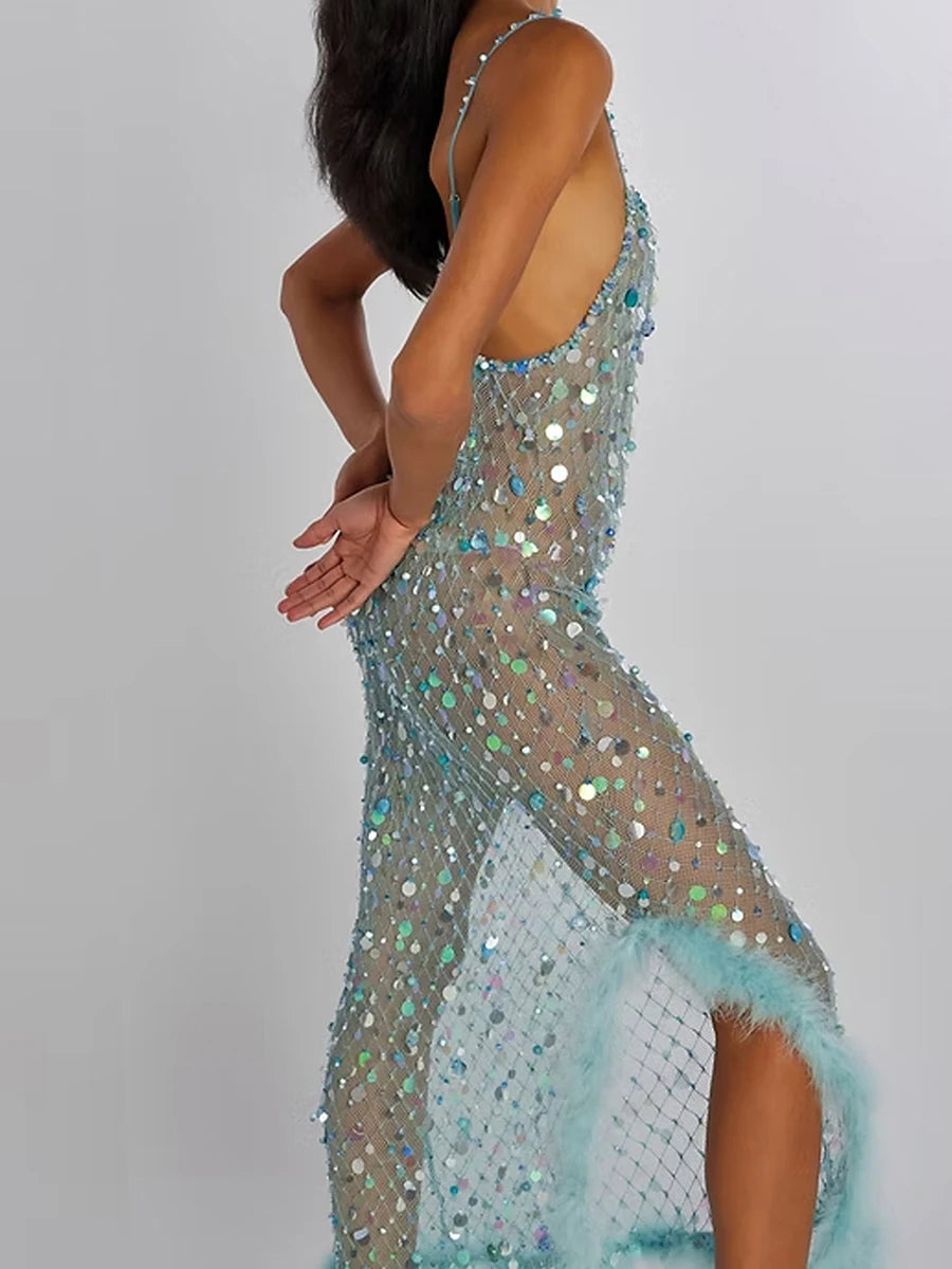 New Fashion Women Sheer Dress Spaghetti Straps Backless Sequins See-through Slit Dress Summer Long Dress Club Street Style S M L