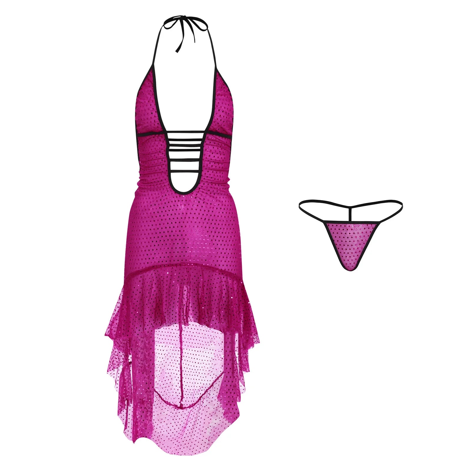 Womens Sexy Dress with T-back Thong Shiny Sequin Bodycon Dress Lace-up Halter Backless Plunge V Neck Ruffled High-low Hem Dress