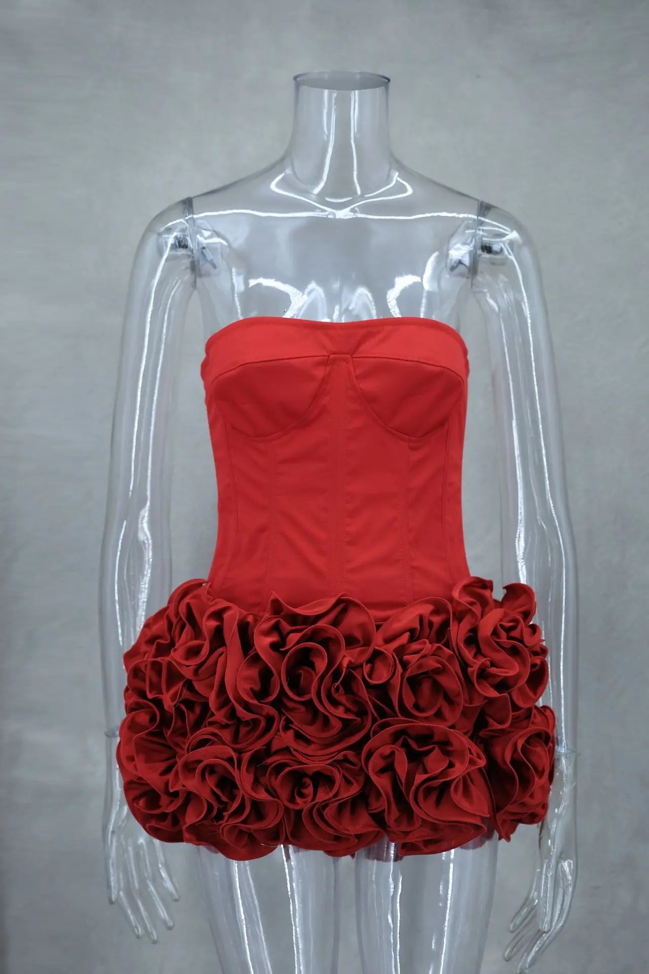 Women Sexy Red 3D Flowers Dress Sets Y2K Fishbone Bandage Adjustable Tube Top Flower Mini Skirt Suit High Street Women Outfits