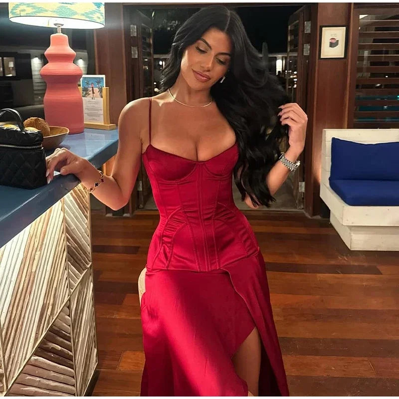 Suninbox Red Satin Spaghetti Strap Midi Dress Women Corset