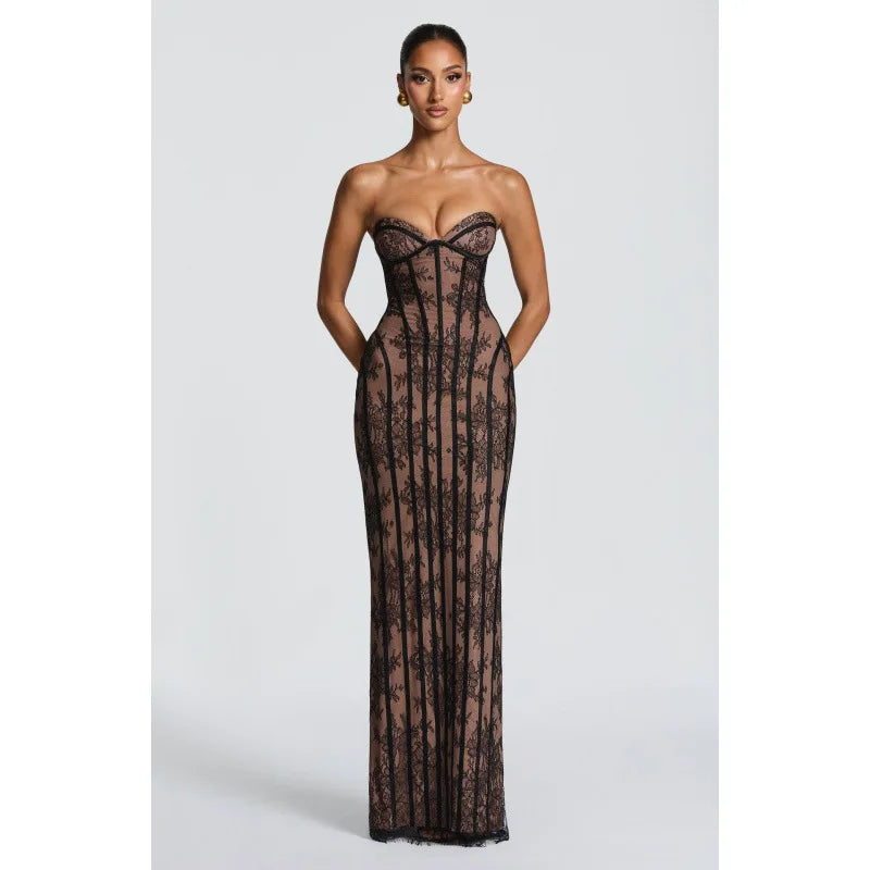 2026 New Womens Elegant Strapless Lace Maxi Dress