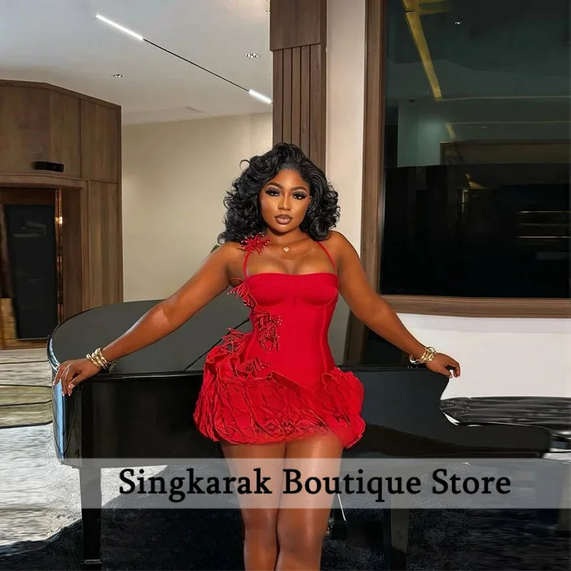 Red Birthday Dresses Baddie Black Girl Halter Neck Mini Prom Dresses Sweertheart Ruffles Wedding Party Dress Customized