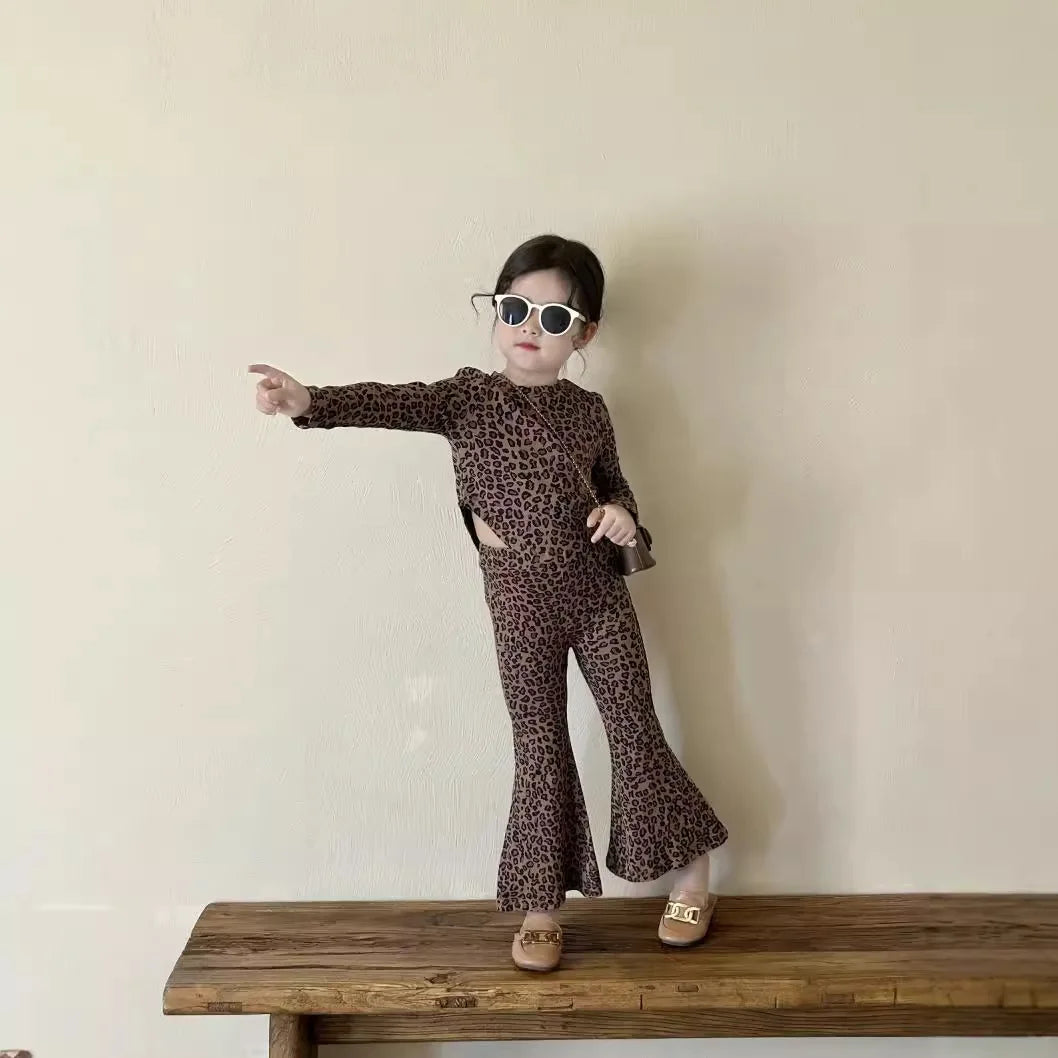 Girls Long-Sleeved Leopard Two-Piece Set