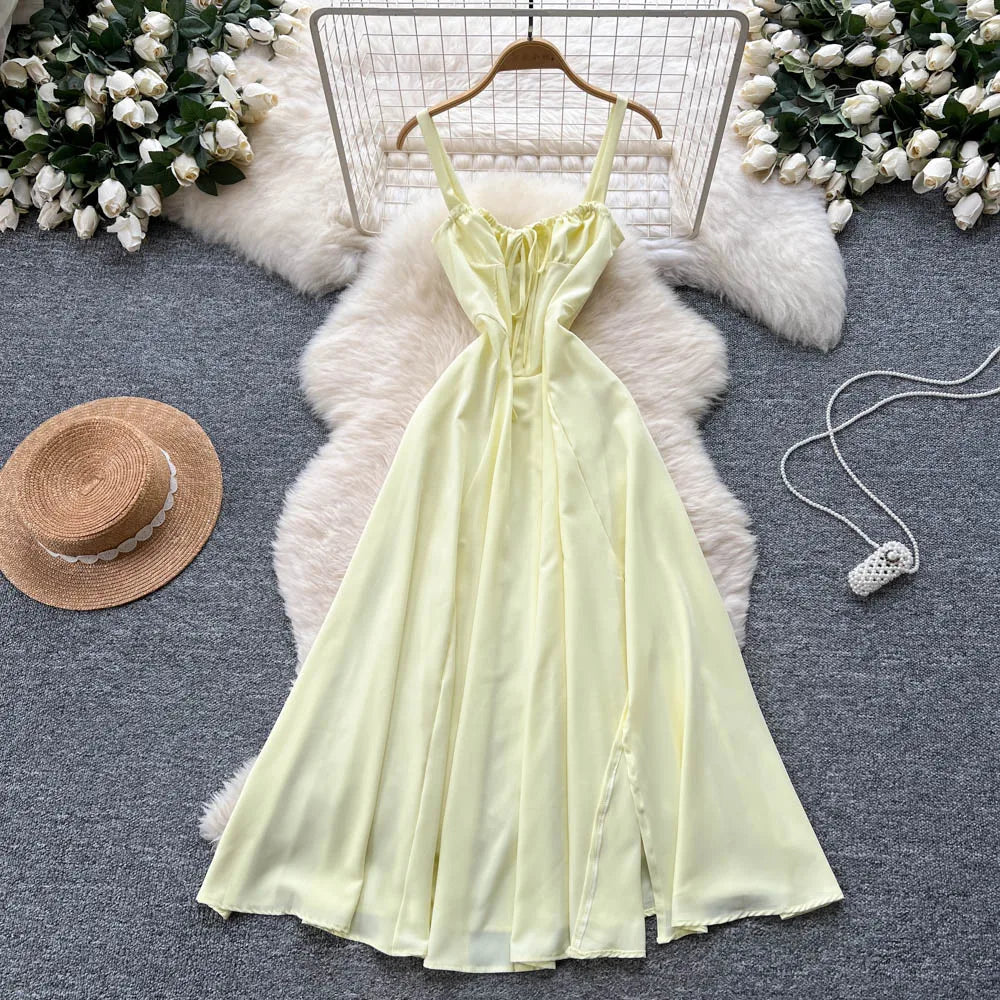 Vintage sexy split Ruched Dress Chic Summer Beach
