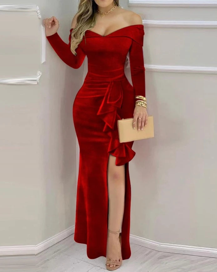 Women Evening Dress 2024 Autumn Winter Latest Sexy Velvet One Shoulder Chain Ruched Mini Dress Skinny Wedding Guest Short Skirt