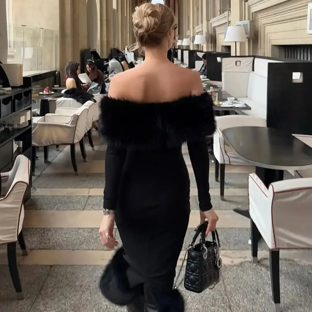 Ofherown Elegant Off Shoulder Black Midi Evening Dress