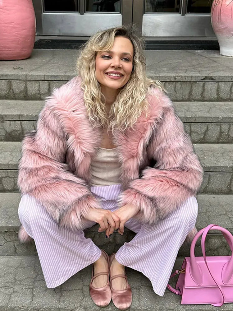 Retro Lapel Rose Red Faux Fur Coats Women