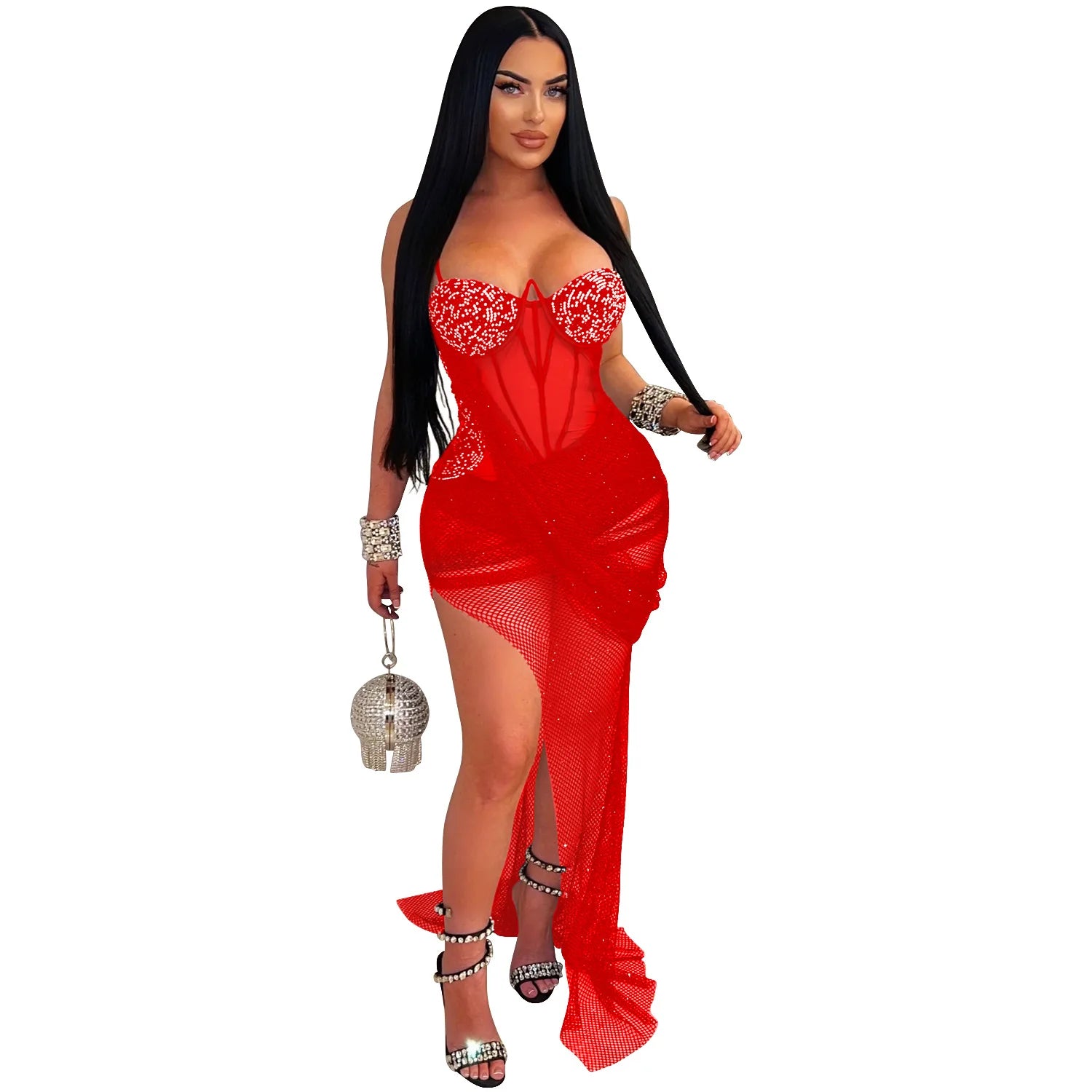 CM.YAYA Women Mesh Strapless Perspective Rhinestone Strap Maxi Long Dress