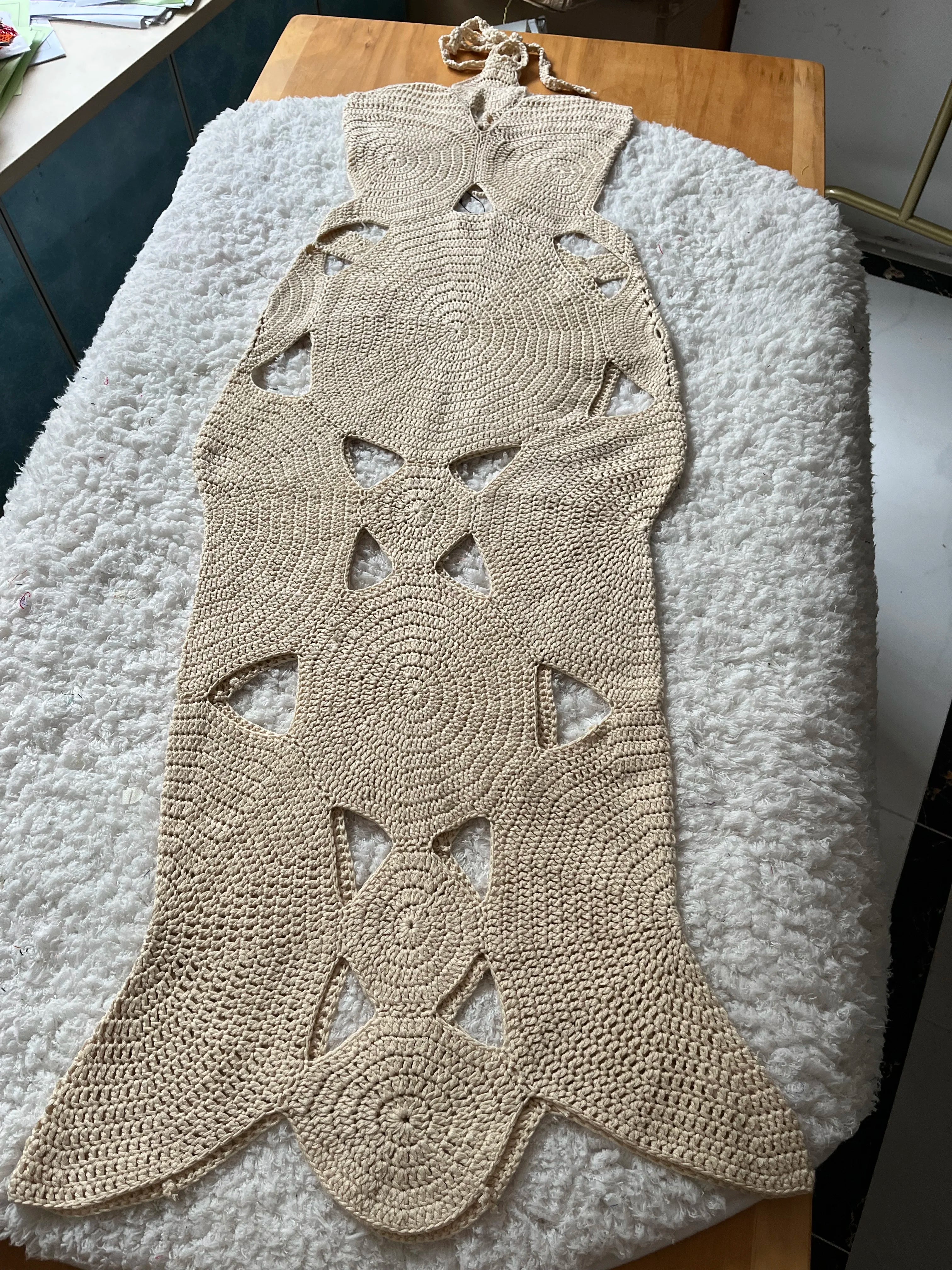 Bungalow Handmade Crochet Midi Dress Cream For Sexy Women Fashion