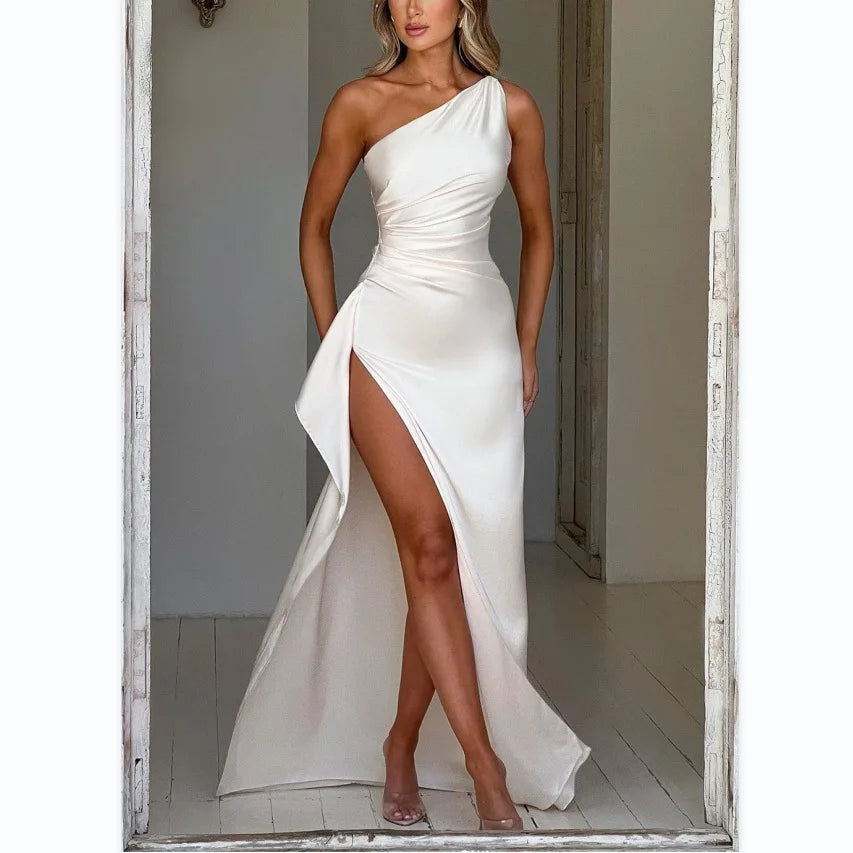 Sexy One Shoulder Satin Long Dress For Women Summer Sleeveless High Split Backless Party Evening Dresses Elegant Cocktail Dress