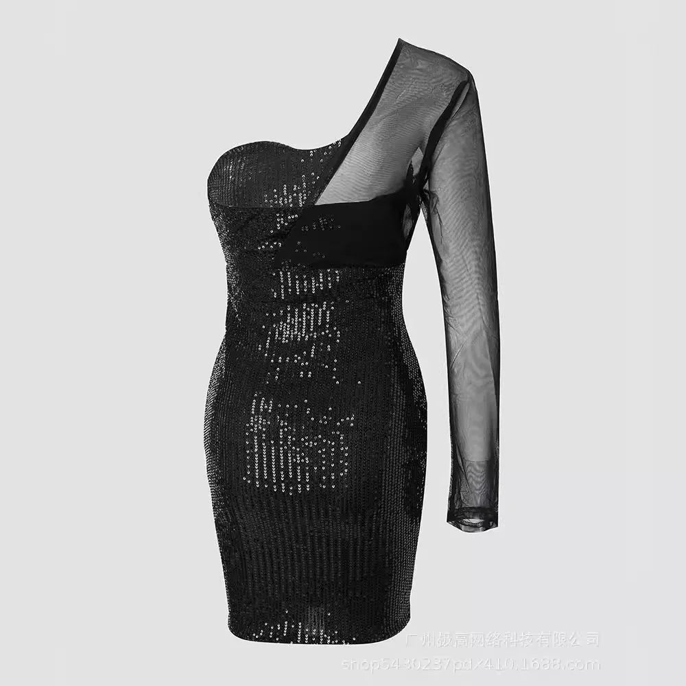 Sexy Dress for Women 2024 Summer Fashion One Shoulder Sheer Mesh Patch Sequin Long Sleeve Skinny Plain Mini Night Out Dresses