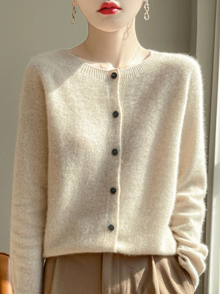 ADDONEE Women's Merino Wool O-Neck Cardigan