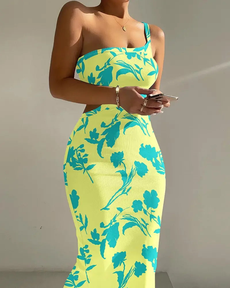 Sexy Spicy Girl Dress 2025 Spring Summer Elegant Ombre One Shoulder Tie Dye Cutout Ribbed Women Bodycon Midi Dress Casual Style