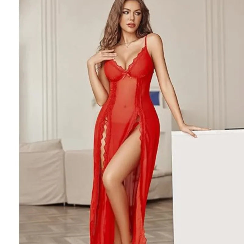 Womens Dresses Sexy Lingerie Perspective Deep V Nightgown High Slit Long Skirt See Through Long Night Dress Women Pajamas Dress