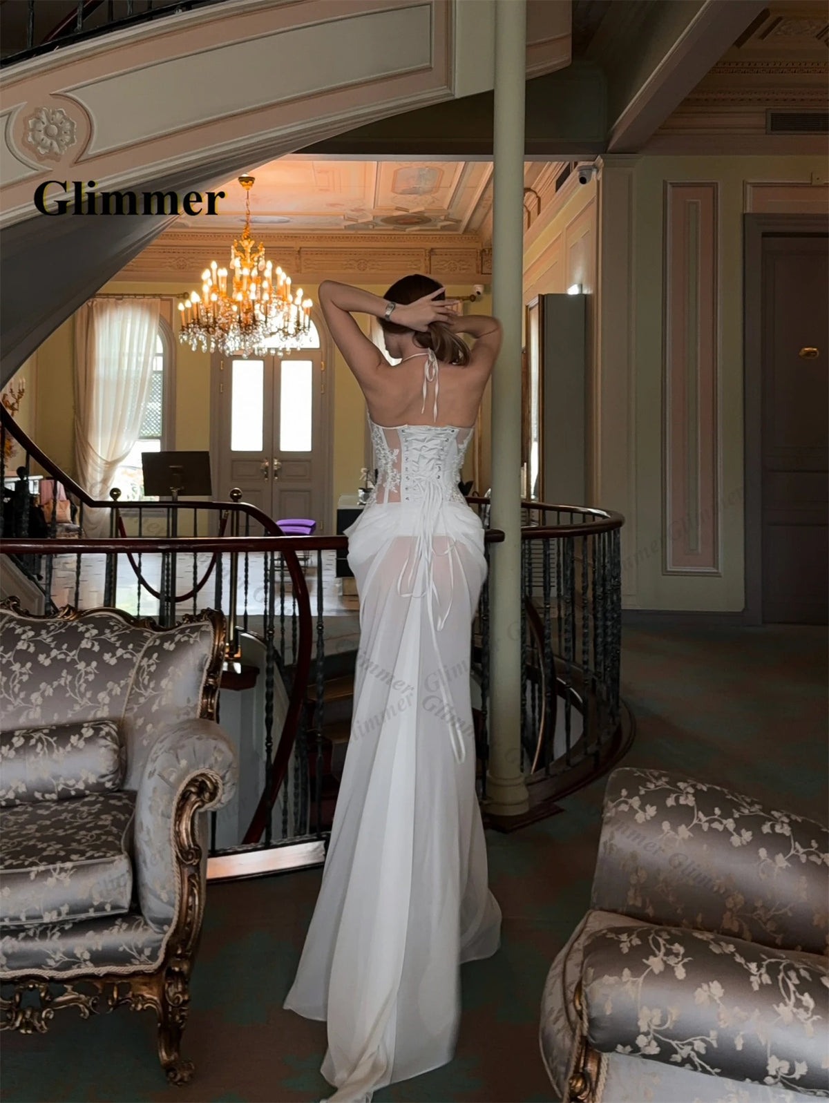 Glimmer Sexy lvory Chiffon Evening Dress Appliques Mermaid Illusion