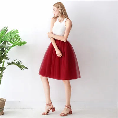 5-Layer Black Pleated Tulle Midi Skirt