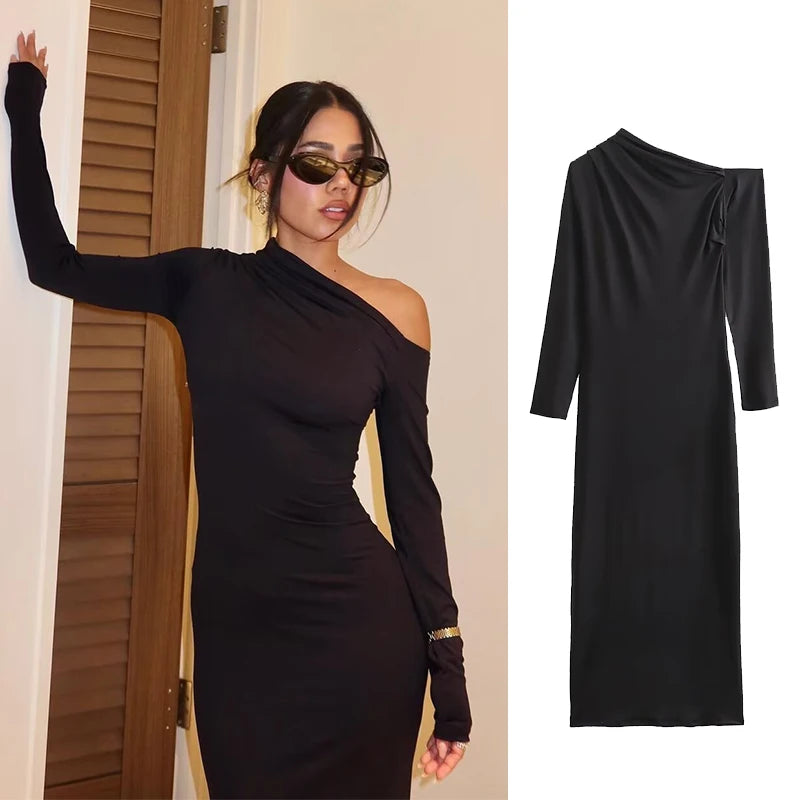 Women Sexy Dress 2025 Summer Fall New Long Sleeves Wrinkle Off-Shoulder Slim Dress Women Fashion Elegant Party Dress