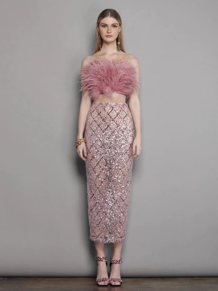 Sexy Luxury Sequins Feather Strapless Top+ Skirt Two Piece Set