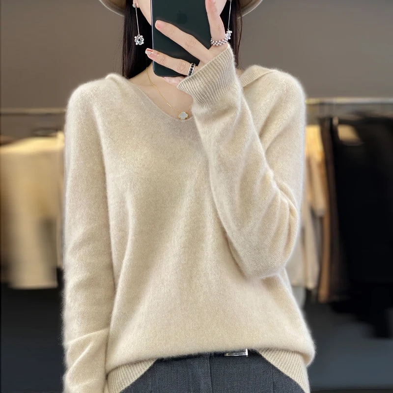 100% Merino Wool V-Neck Hoodie for Women