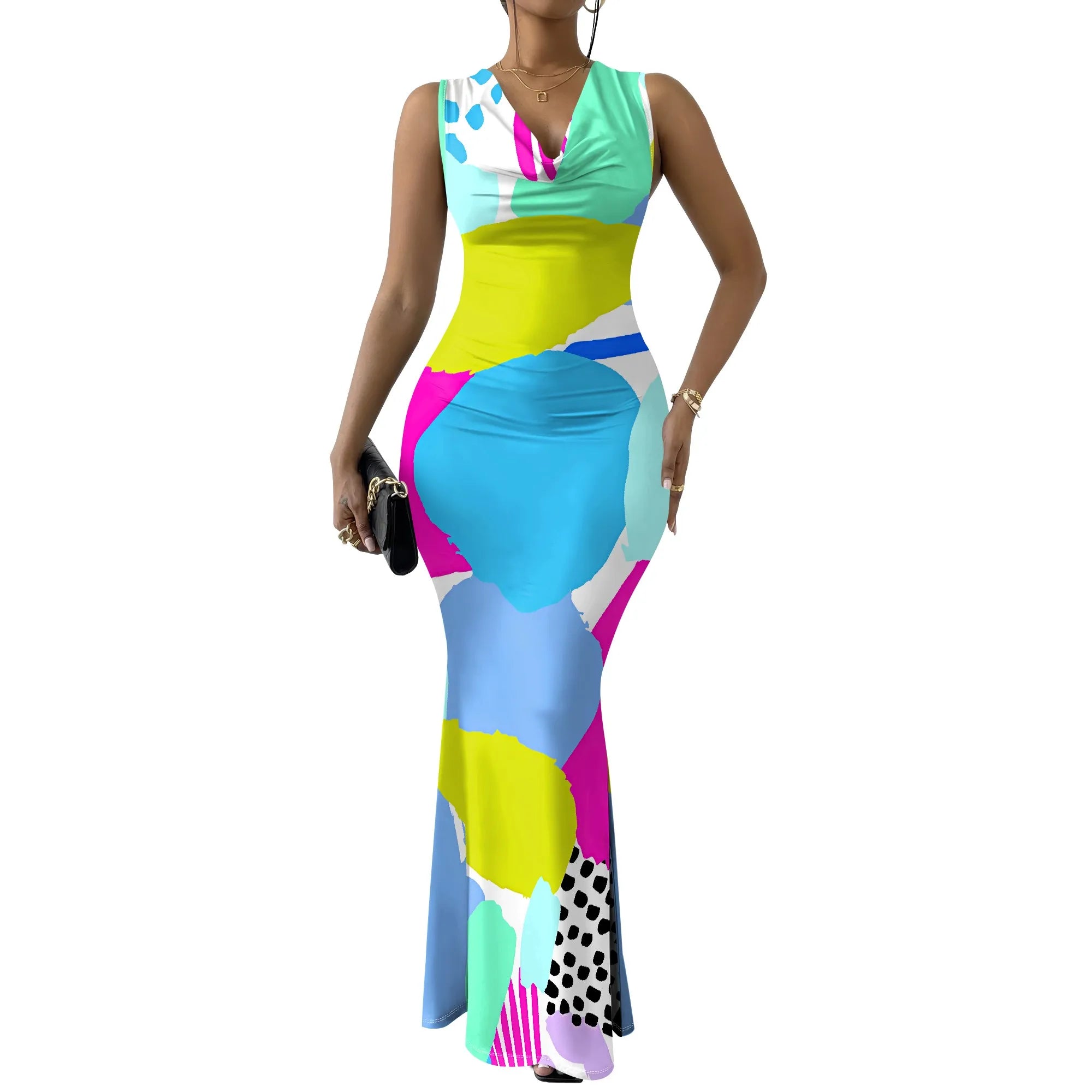 Womens Sexy Casual Dresses Colorful Geometric Off-Shoulder Maxi Dress Artistic Party Evening Resortwear Swing Neck Dress