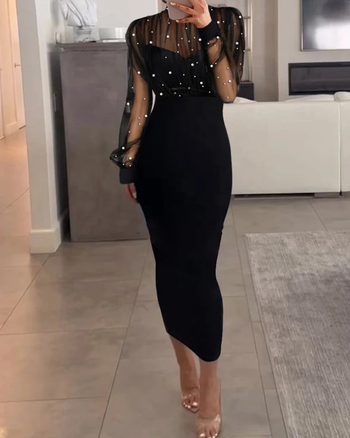 Elegant Party Dresses Woman Sexy Sheer Mesh Patch Beaded Bodycon Dresses Elegant Tight Urban Long Dress Fashion Women's Clothes