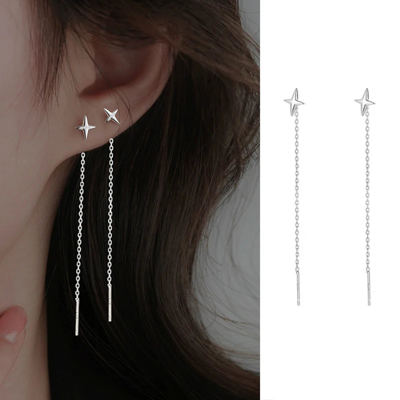 S925 Silver Star Line Tassel Earrings