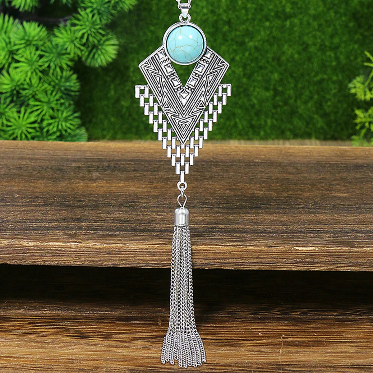 Ethnic Blue Stone Tassel Necklace & Earrings Set