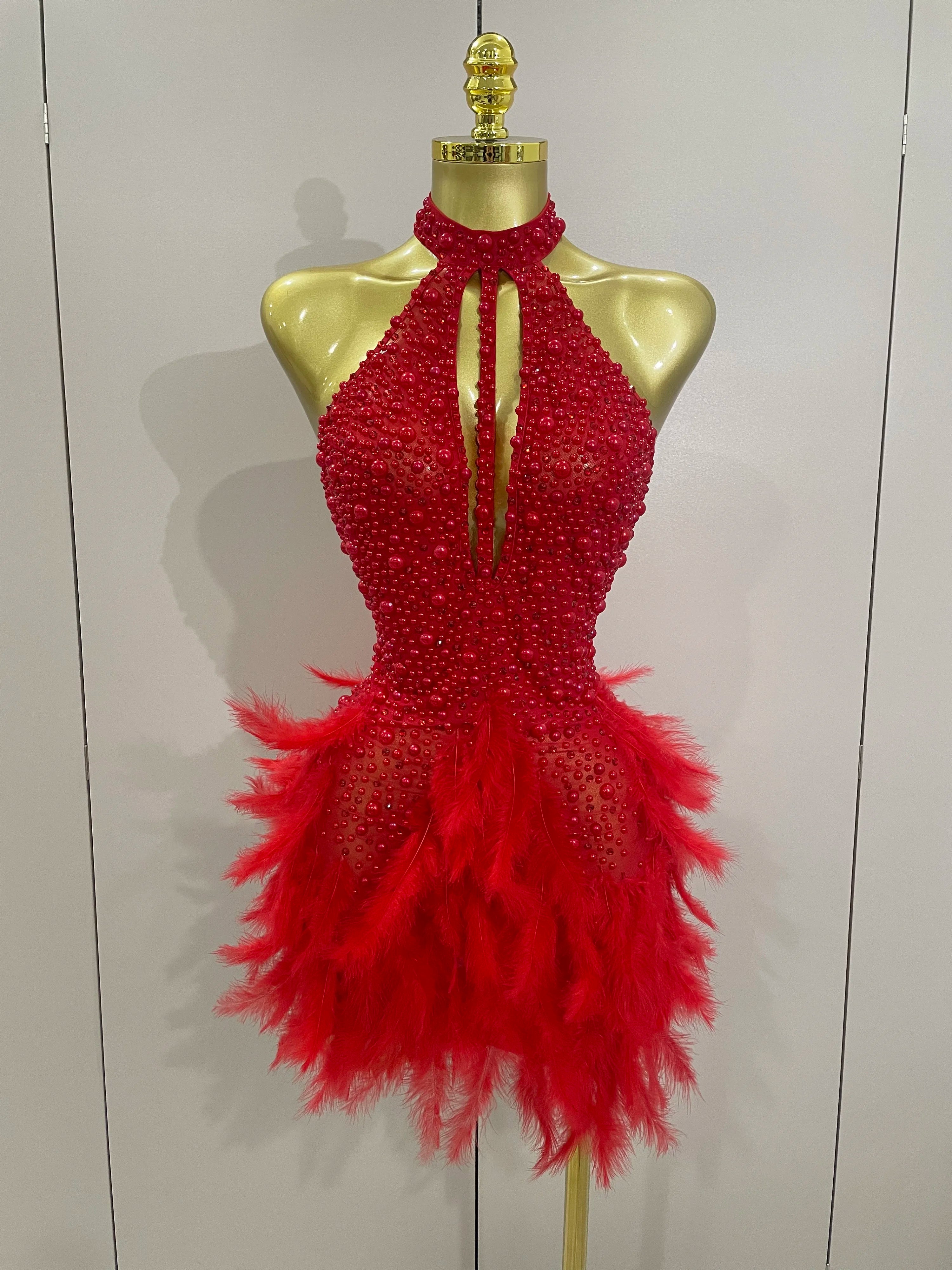 Women Luxury Rhinestones Pearls Feathers Halter Backless Short Dress Women Sexy Celebrate Birthday Dress Nightclub Stage Costume