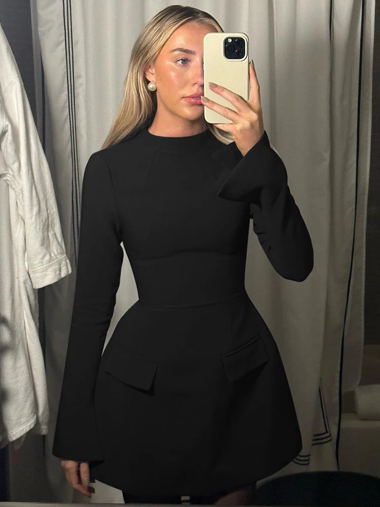 Dulzura Long Sleeves Zipper Bodycon Mini Dress With Pocket
