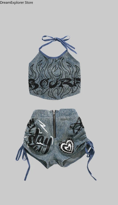 K-pop Girls' Denim Crop Top & Cargo Jeans Set