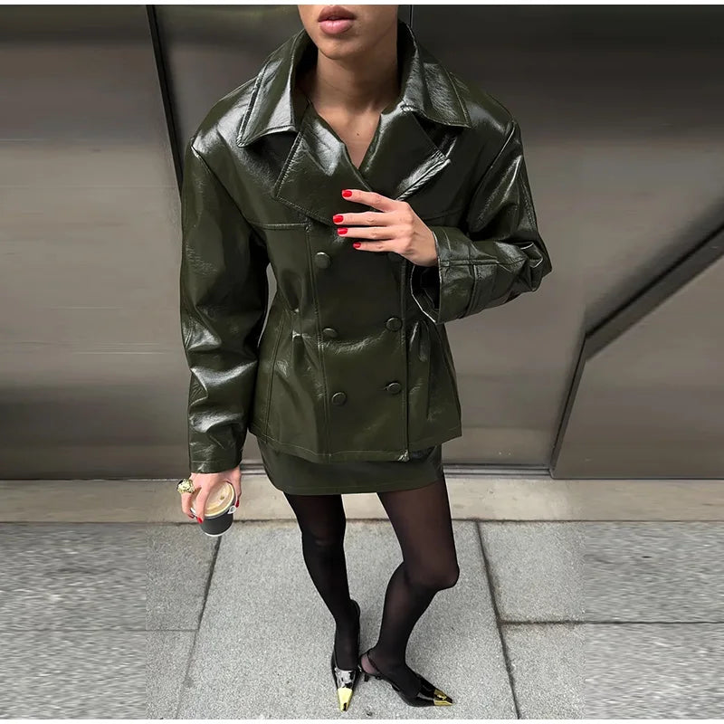 Fashion PU Leather Skirt Sets Women Lapel Long Sleeve