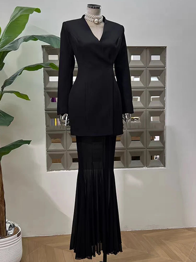 V-neck cinched waist mid-length suit three-piece set for autumn 2025 women's wear + see-through fishtail skirt set + shorts