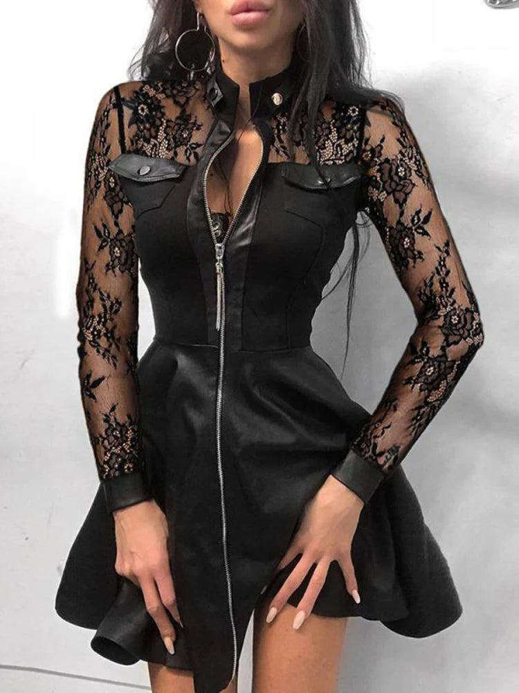 Faux Leather Dress Women Sexy Lace Mini Dress