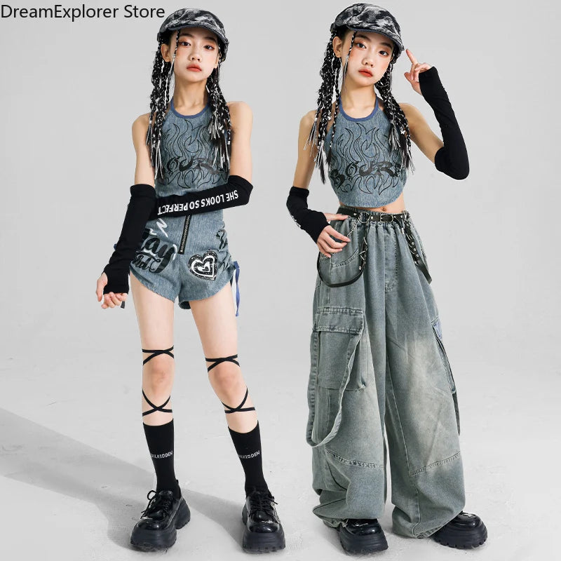 K-pop Girls' Denim Crop Top & Cargo Jeans Set